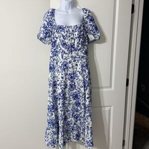 London Times Midi Dress | Women's Size 16 | Puff Sleeve Ivory Navy Floral | NWT